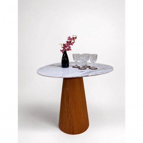 Mesa de Jantar Cone Sol Redonda Mármore Branco Extra e Madeira 100cm Modelar Art