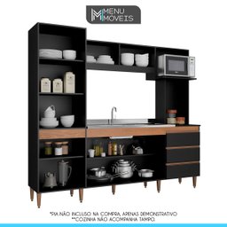 Kit Cozinha Completa Compacta Vitória 215 Cm + Balcão Cooktop + Ilha Bancada 140 Cm MDP Preto- MENU - 3