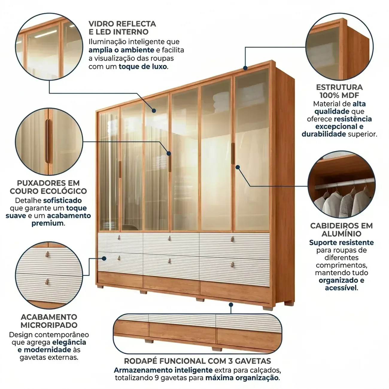 Ver imagem 4 de Guarda Roupa Casal 6 Portas 9 Gavetas com LED MDF Evolution Freijó