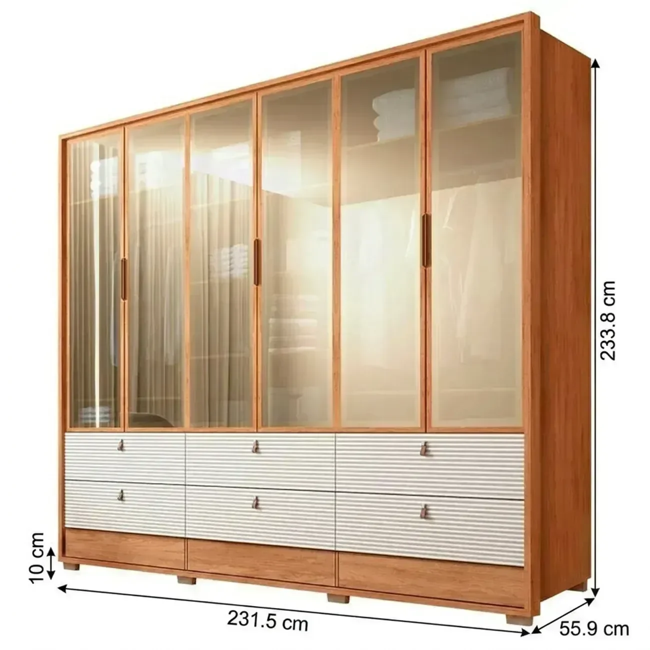 Ver imagem 3 de Guarda Roupa Casal 6 Portas 9 Gavetas com LED MDF Evolution Freijó