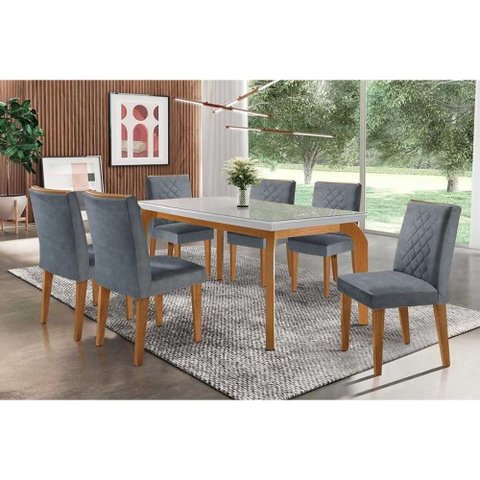 Conjunto: Mesa Sala Jantar Londrina C/ Tampo Madeirado C/ Vidro Canto Reto 180x90cm e 6 Cadeiras