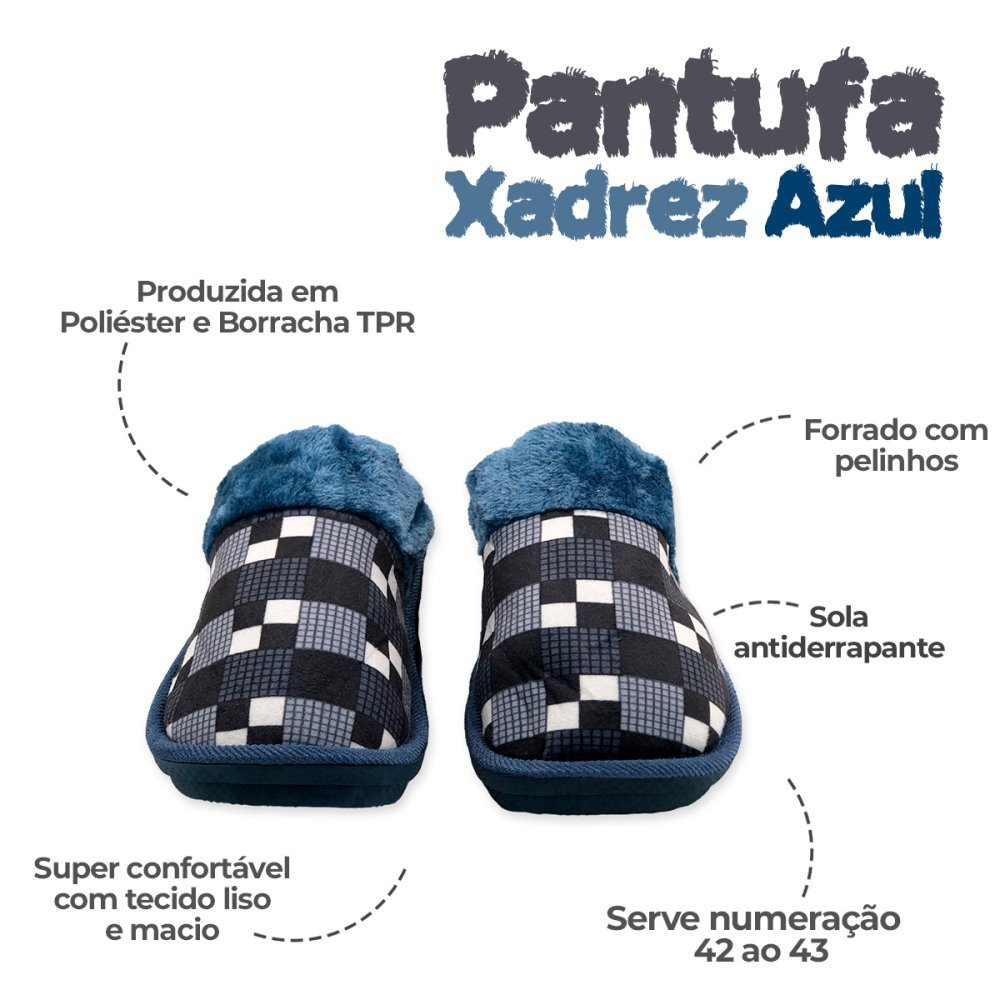 Pantufa Masculina Xadrez Azul Conforto e Segurança 42/43 - 4