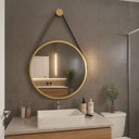 Ver imagem 1 de Espelho Redondo Adnet Decorativo Suspenso com Alça 60cm + Suporte Dourado com Alça Preta