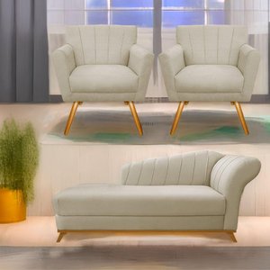 Kit Diva Recamier Vanessa 140cm Lado Esquerdo e 02 Poltronas Laura Linho Cor Bege