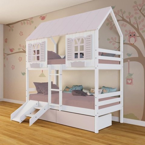 Beliche Casinha Bela com 2 Gavetas Rosa Kit Escada/escorregador - Madeira Maciça Branco/rosa |
