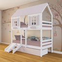 Ver imagem 1 de Beliche Casinha Bela com 2 Gavetas Rosa Kit Escada/escorregador - Madeira Maciça Branco/rosa |