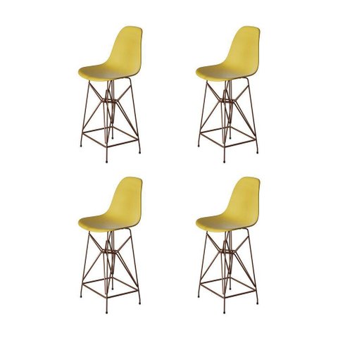 Kit 4 Banquetas Bistrô Alta Eames Amarela Base Ferro Cobre - Cor: Amarelo