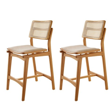 Conjunto com 2 Banquetas em Madeira Eloa Premium Bege/Off White/Imbuia Marrom