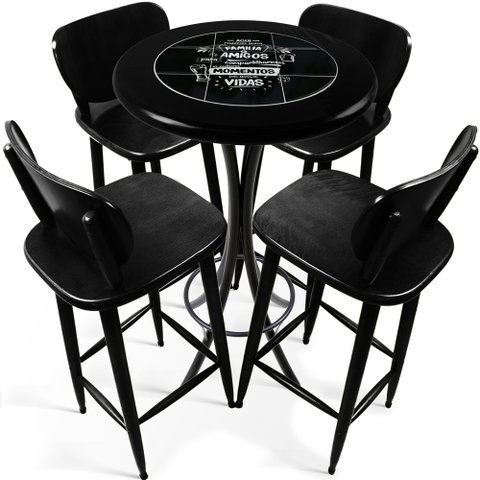 Cj Mesa Madeira Azulejo 60cm - Bistrô Fixa 98cm + 4 Banquetas 73 - Preta - Família e Amigos