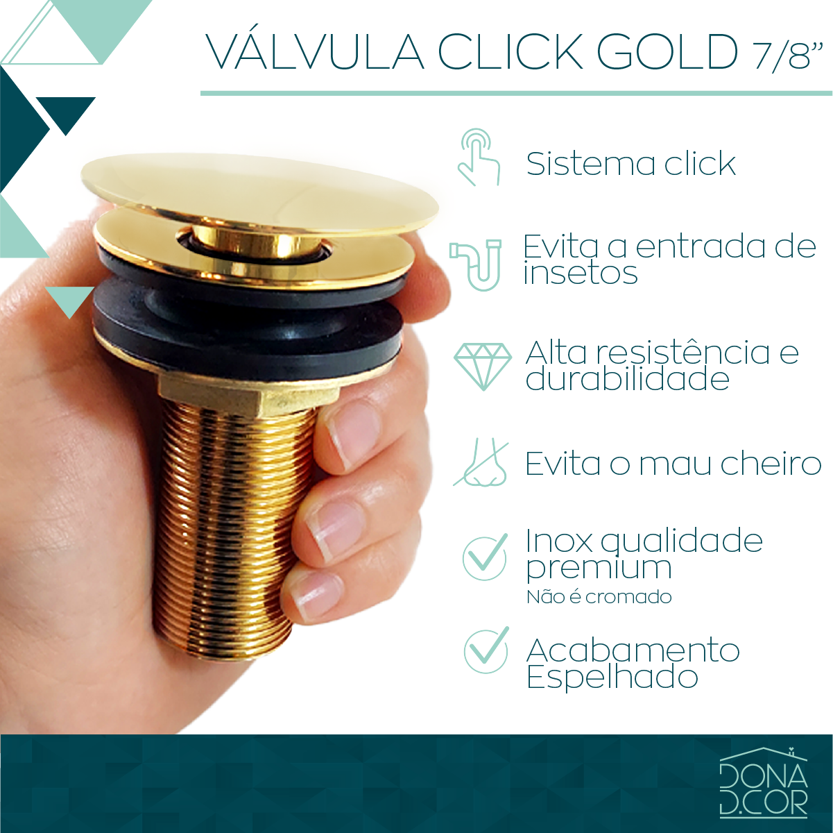 Valvula Ralo Click Dourado Gold 7/8 inox Pia Lavatório Cuba - 6