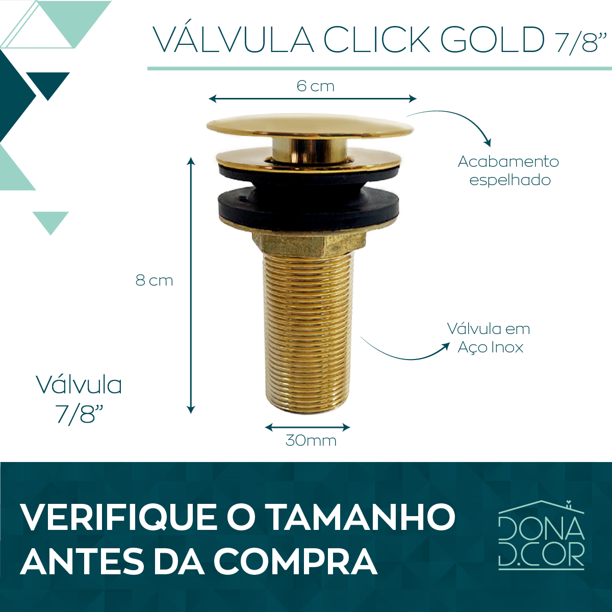 Valvula Ralo Click Dourado Gold 7/8 inox Pia Lavatório Cuba - 2