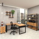 Ver imagem 1 de Mesa de Escritório em L Gaveteiro Estante Nicho Moderno 5 Gavetas 100% MDF Freijó com Preto Fosco