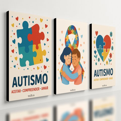 Kit 3 Quadro Decorativo Autismo Laço Símbolo Quarto Casa 28x20