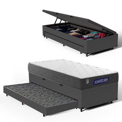 Cama Box Baú + Colchão Gazin de Espuma D60 Double Face Force Up + Auxiliar de Espuma Solteiro