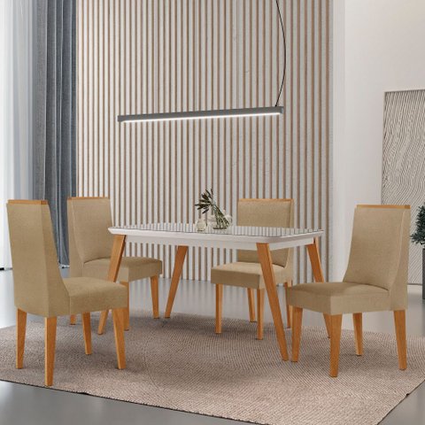 Mesa de Jantar Copper 120cm Tampo Canto Mdf Vidro com 4 Cadeiras Lisboa Moderna Mobília