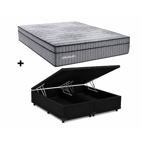 Cama Box Bau Casal Bipartido Preto Colchão Casal Exclusive Sleep Molas Ensacadas 138x188 - Ortobom