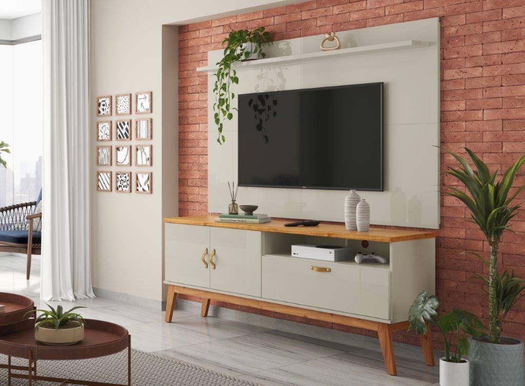 Rack + Painel Si Estilo Retrô 1.40m para Tv até 55'' Polegadas Cor Off White / Cinamomo