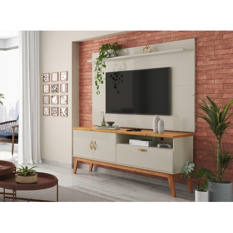 Rack + Painel Si Estilo Retrô 1.40m para Tv até 55'' Polegadas Cor Off White / Cinamomo