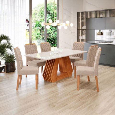 Sala de Jantar 6 Lugares Tampo de Vidro 180 cm Vittória Cadeiras Madeira Maciça Cinamomo/Bege - Pano