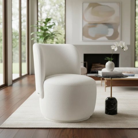Poltrona Orgânica Bia Bouclé Decorativa Design Redondo Sala de Estar Escritorio Recepção Minimalista