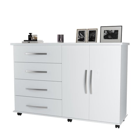 Cômoda 4 Gavetas e Porta Pés Rodízios Bali – Branco – Móveis Primus