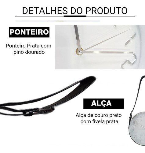 Relógio De Parede Alça De Couro Moldura Prata 30 Cm - 4