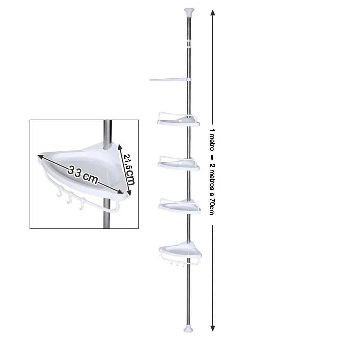 Organizador Banheiro de Canto Suporte Inox Prateleira Ajustavel Gancho Sabonete Toalha Esponja Shamp - 3