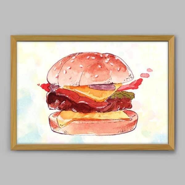 Quadro Cozinha Desenho Hamburger - 60x40cm - Moldura Caixa Madeira - 1