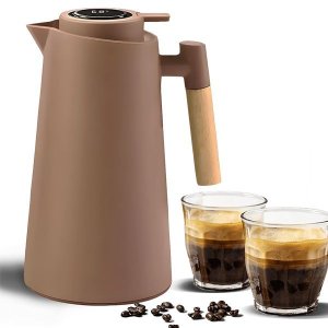 Garrafa Térmica de 1l Marrom com Indicador Digital de Temperatura Alça de Madeira para Chá e Café
