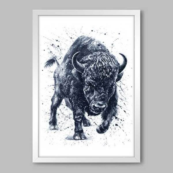 Quadro Animal Búfalo Aquarela - 45x30cm - Moldura Padrão Branco - 1