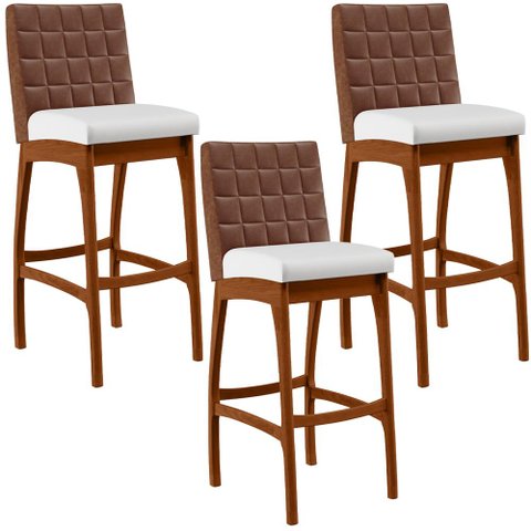 Kit 3 Banquetas Altas Cozinha Sala Jantar Fixa Mila B04 Couríssimo Marrom Corano Branco - Lyam