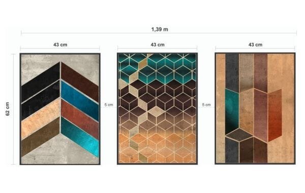 Quadro Decorativo Cubos Jogo Geométrico Chevrons Moldura - PRETO - KIT COM 3 QUADROS DE 62 X 43 CM C - 2