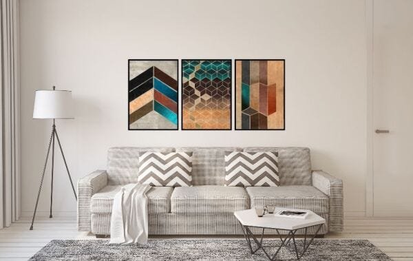 Quadro Decorativo Cubos Jogo Geométrico Chevrons Moldura - PRETO - KIT COM 3 QUADROS DE 62 X 43 CM C - 1