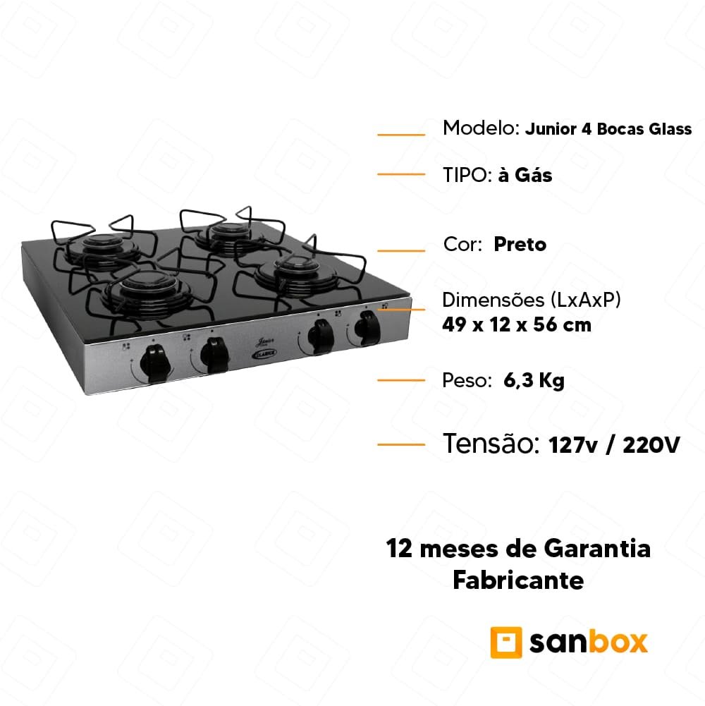Fogão À Gás Clarice Junior 4 Bocas Glass Vidro Temperado Manual - Inox - 6