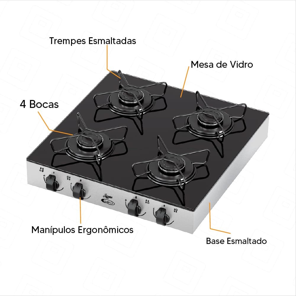 Fogão À Gás Clarice Junior 4 Bocas Glass Vidro Temperado Manual - Inox - 3