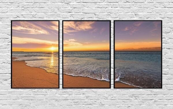 Quadros Decorativos Praia Paisagem Sol Onda Mar Sala Quarto - PRETO - KIT COM 3 QUADROS DE 32 X 23 C - 1