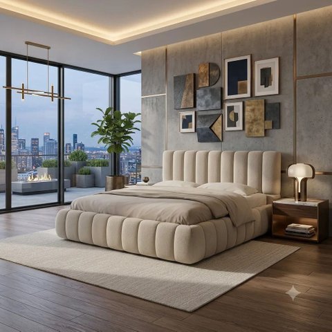 Cama Casal com Cabeceira Estofada Linho Premium Florença para Quarto Luxo
