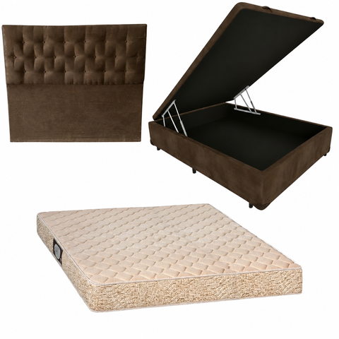 Cama Box Baú Blindada com Colchão de Espuma Toulon D33 + Cabeceira Botonê - Casal - Suede Marrom
