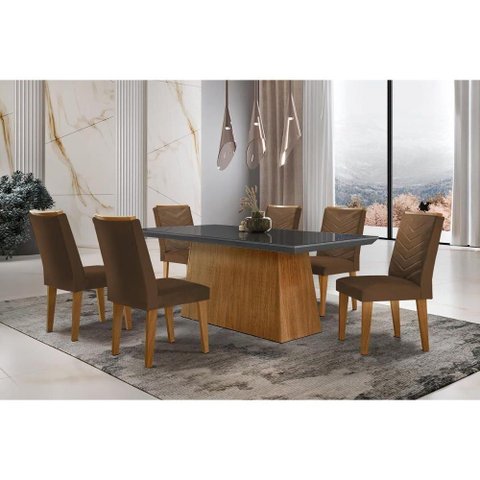 Sala de Jantar Completa Luna C- Tampo Vidro Canto Curvo 180x90cm e 6 Cadeiras Londrina Imbuia-