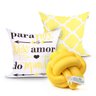 Kit Capa Almofada Amarela Frase Estampada 2 Unidades 45cm x 45cm + Almofada de Nó Escandinavo - 1