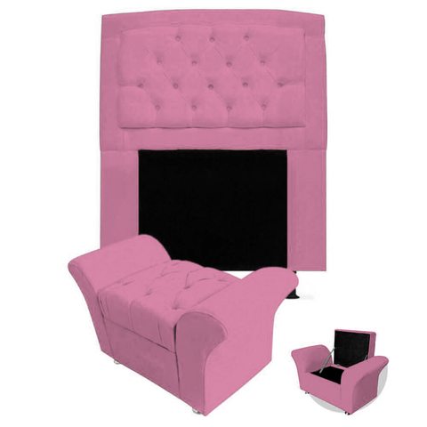 Kit Cabeceira Geovana + Calçadeira Veneza Solteiro 120cm Suede - Renascer Decor:rosa