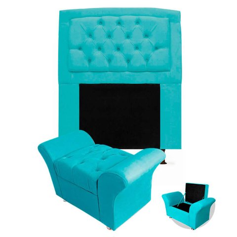 Kit Cabeceira Geovana + Calçadeira Veneza Solteiro 120cm Suede - Renascer Decor:azul Turquesa