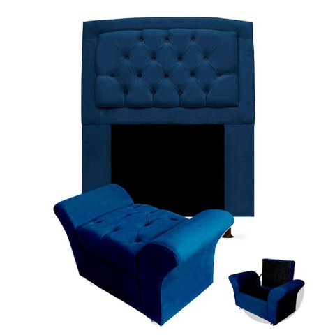 Kit Cabeceira Geovana + Calçadeira Veneza Solteiro 120cm Suede - Renascer Decor:azul Marinho