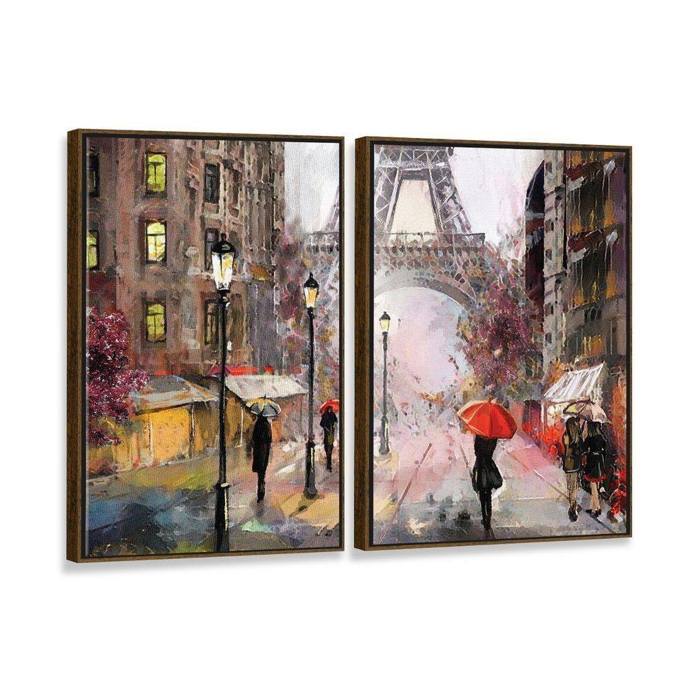 Kit 2 Telas Canvas Com Moldura Paris Torre Eiffel Pintura Abstrata - 2