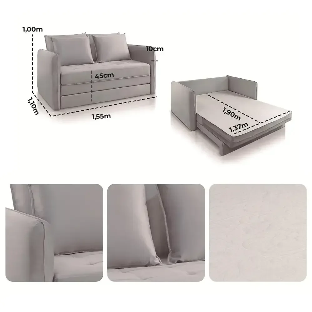 Sofá Cama Recife Casal Retrátil com Colchão Tecido Linho 155cm Jc Estofados Cor Bege - 2