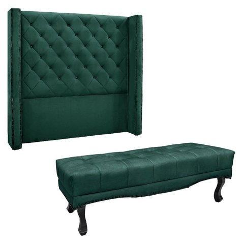 Kit Cabeceira e Calçadeira Recamier King 1,95m Vicenza Veludo - Pallazio Verde Floresta