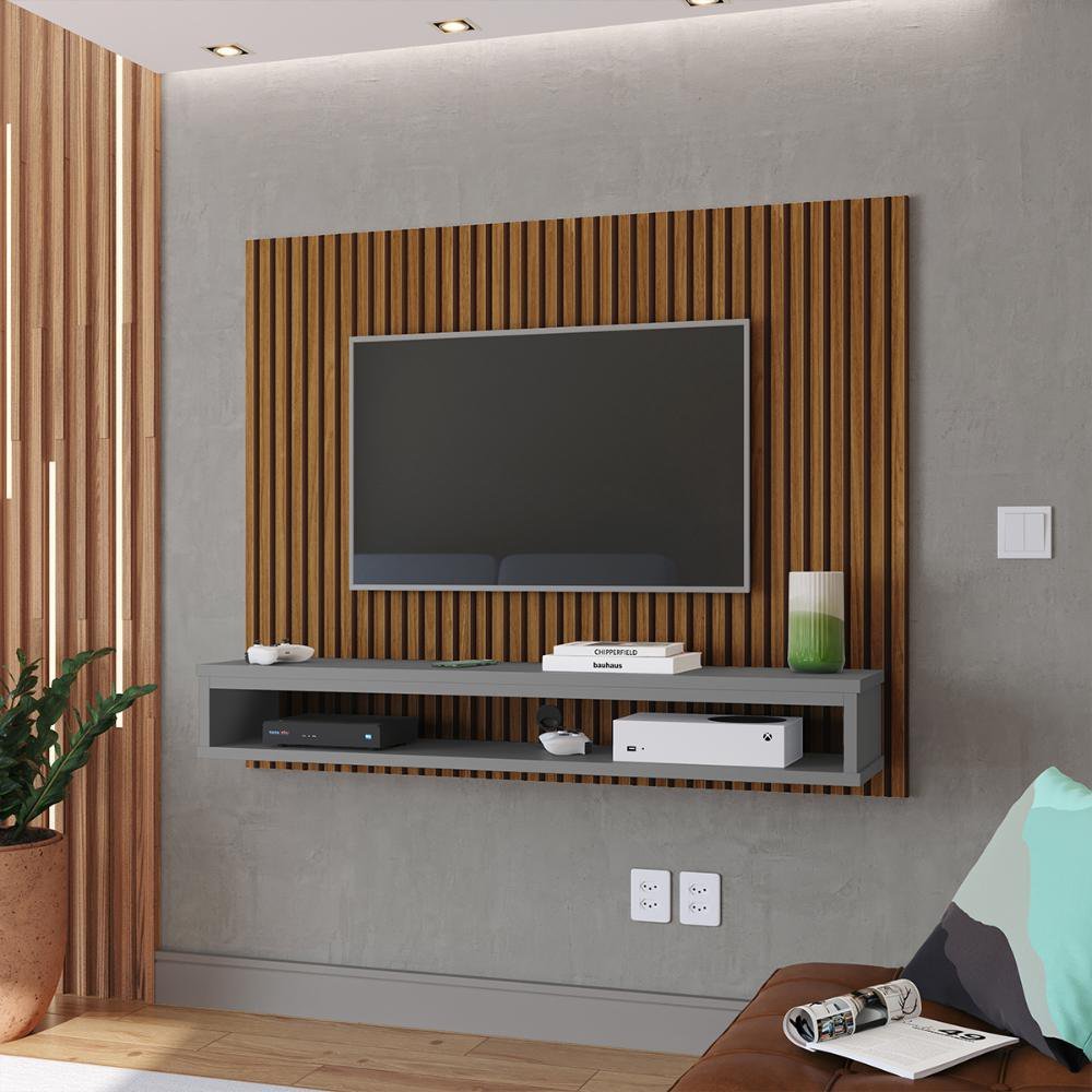 Painel Cissa Tv 32 36 39 40 42 46 47 50 Polegadas Prateleira Nicho Quarto Sala - Ripado/cinza - 2