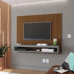 Painel Cissa Tv 32 36 39 40 42 46 47 50 Polegadas Prateleira Nicho Quarto Sala - Ripado/cinza - 2