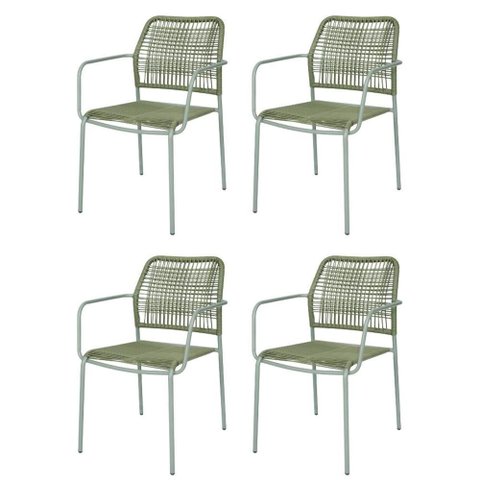 Kit 4 Cadeiras com Braços Empilhável Copacabana Fratini Aço Carbono Verde Trama Corda Náutica