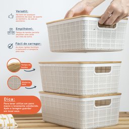 Kit 3 Caixas Organizadoras 4 Litros Brancas com Tampa Bambu - 3